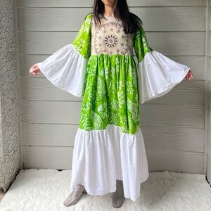 Handmade Wide Sleeves Maxi Bandana Dress SKU 11091 Green White